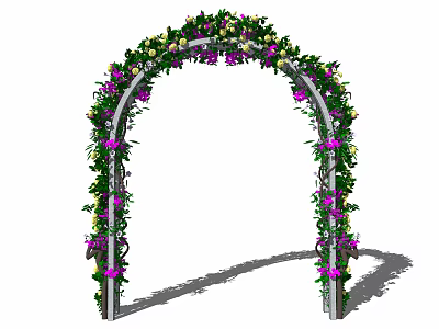 Decorative Metal Archway Adorned With Green Foliage Purple And Yellow Flowers 3d model