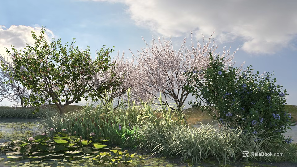 Flowering Green Trees in a Serene Garden with Pond Water Lilies Grass Cloudy Sky 3d model 