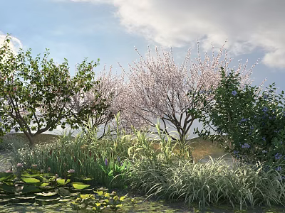 Flowering Green Trees in a Serene Garden with Pond Water Lilies Grass Cloudy Sky 3d model