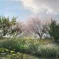 Flowering Green Trees in a Serene Garden with Pond Water Lilies Grass Cloudy Sky