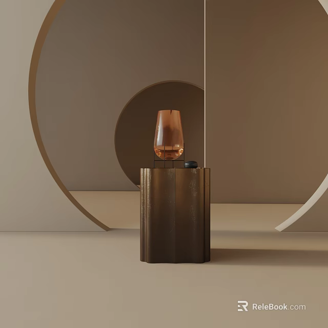 Elegant Modern Side Table In Brown Wood With Amber Glass Vase And Circular Decor 3d model 