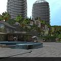 Modern Luxury Hotel Building With Spiral Towers Palm Trees Swimming Pool And Open Air Lounge