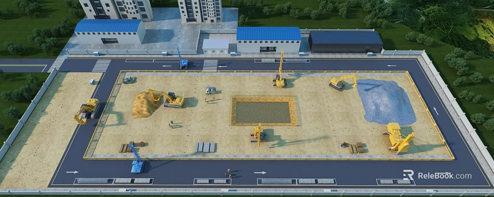 Industrial Factory Construction Site with Excavators Cranes Sand Piles and Building Materials 3d model 
