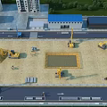 Industrial Factory Construction Site with Excavators Cranes Sand Piles and Building Materials