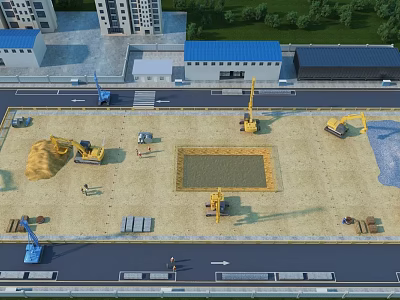 Industrial Factory Construction Site with Excavators Cranes Sand Piles and Building Materials 3d model