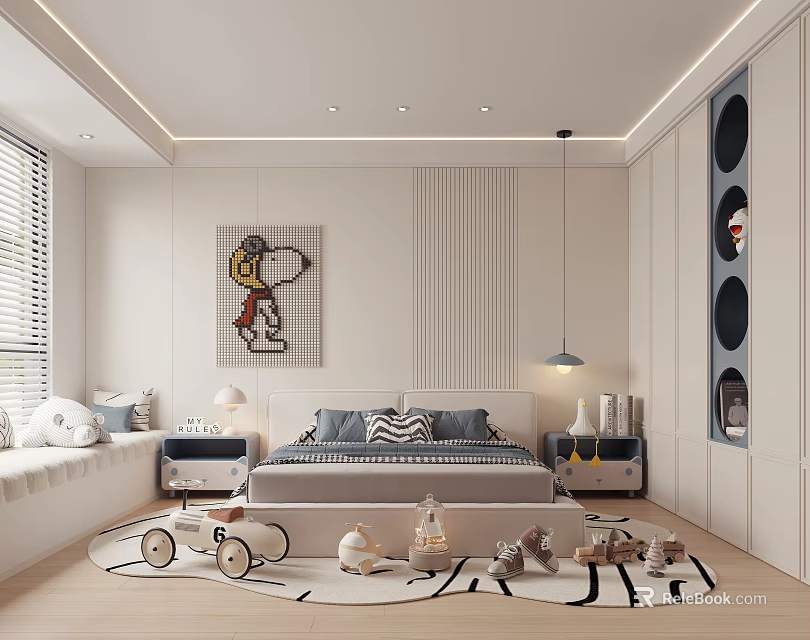 Kids Bedroom With Cartoon Artwork Bed Window Seat Toys Storage Cabinets And Soft Rug 3d model 