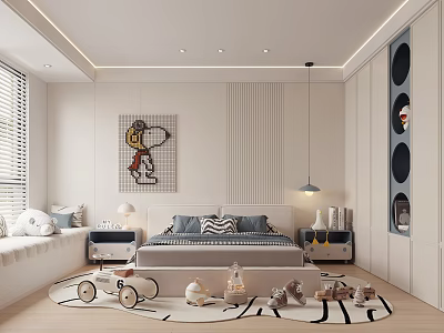 Kids Bedroom With Cartoon Artwork Bed Window Seat Toys Storage Cabinets And Soft Rug 3d model