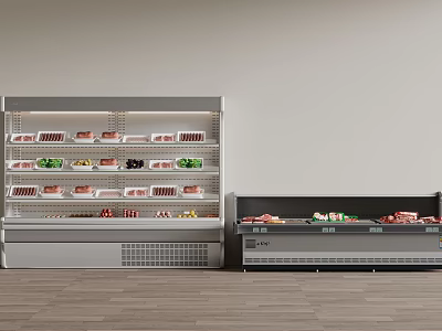 Commercial Refrigerators And Freezers Displaying Fresh Meat Vegetables In Retail Store 3d model