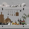 Organized Kitchen Shelves Displaying Plates Bowls Wooden Cutting Boards Utensils Pots Seasoning And Fresh Fruits