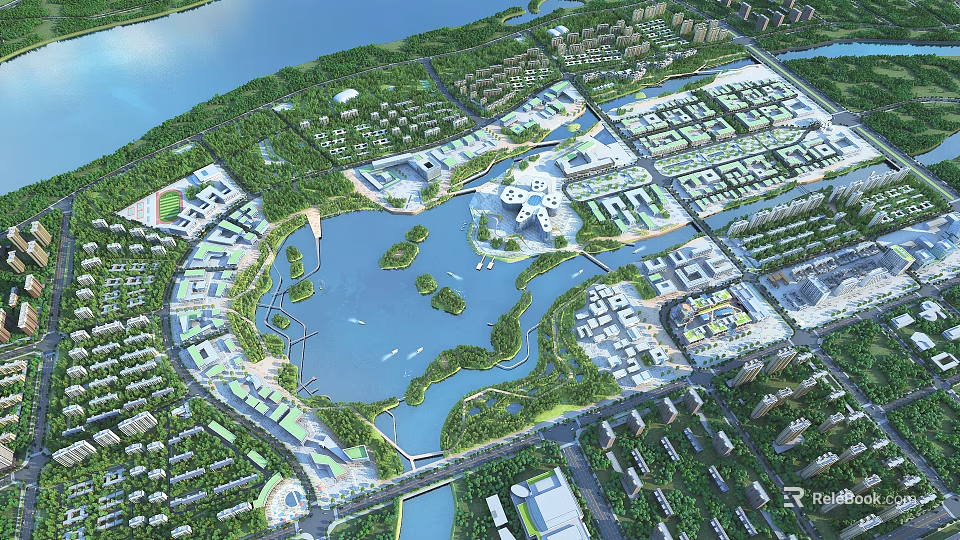 Aerial View Urban Planning With Lakes Green Spaces And Residential Areas 3d model 