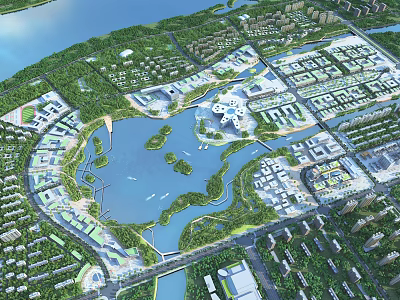 Aerial View Urban Planning With Lakes Green Spaces And Residential Areas 3d model