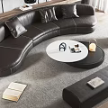 Modern Black Curved Leather Sofa And Round White Black Coffee Table Set In Living Room