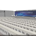 Bright Banquet Hall With Blue Backdrop Screen Podium Audience Seats And Lighting Effects For Conference