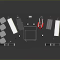 3D Exhibition Booth Layout With Structural Frames Stairs And Lighting Elements