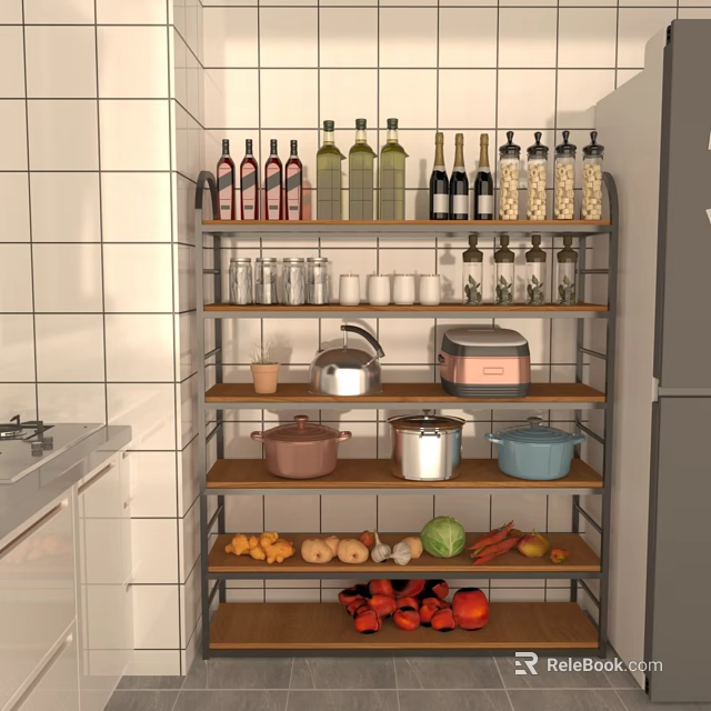 Organized Kitchen Shelf With Bottles Mugs Pots Toaster Vegetables And Fruits 3d model 