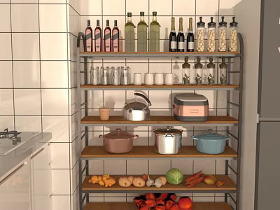 Organized Kitchen Shelf With Bottles Mugs Pots Toaster Vegetables And Fruits 3d model