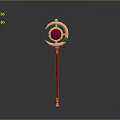 Golden Magical Staff With Red Orb Crescent Moon Decoration Red Shaft And Golden Base