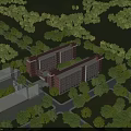 Red Brick School Building Complex Surrounded by Green Trees and Campus Paths 3d model
