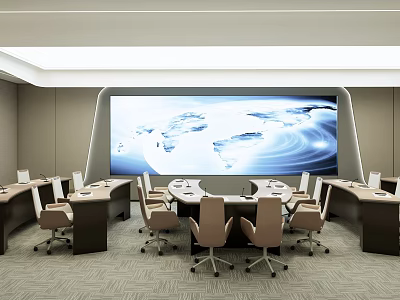 Modern Conference Room Interior With Large Screen Conference Table And Chairs 3d model