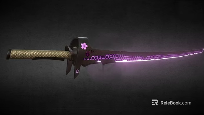 Decorative Katana With Cherry Blossom Accent And Purple Glowing Blade Design 3d model 