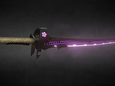 Decorative Katana With Cherry Blossom Accent And Purple Glowing Blade Design 3d model
