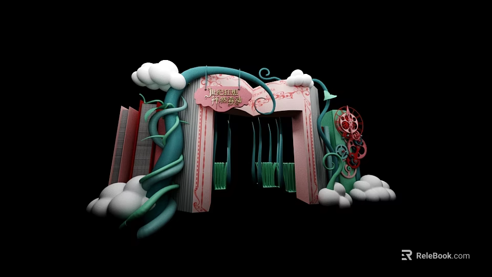 Whimsical Fairy Garden Entrance With Pink Arch Green Vines And White Clouds 3d model 