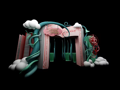 Whimsical Fairy Garden Entrance With Pink Arch Green Vines And White Clouds 3d model