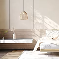 Cozy Bedroom Interior With Double Bed Beige Walls Pendant Lights Rug And Wooden Floor