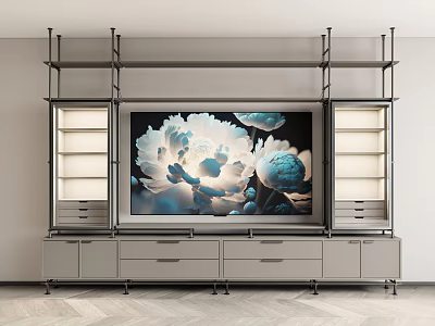 Modern Shelf Unit With TV And Peony Artwork Drawers And Shelves 3d model