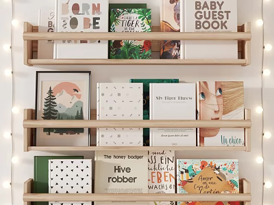Books and Magazines Arranged on Wooden Shelves With String Lights and Colorful Covers 3d model