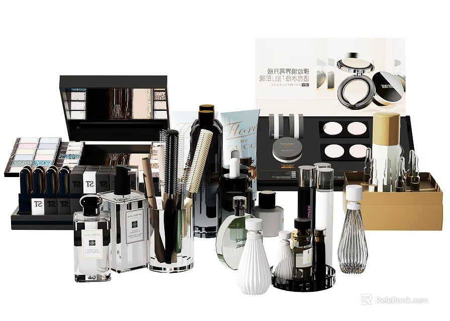 Luxury Perfume and Cosmetics Collection With Perfume Bottles Makeup Brushes and Eyeshadow Palettes 3d model 