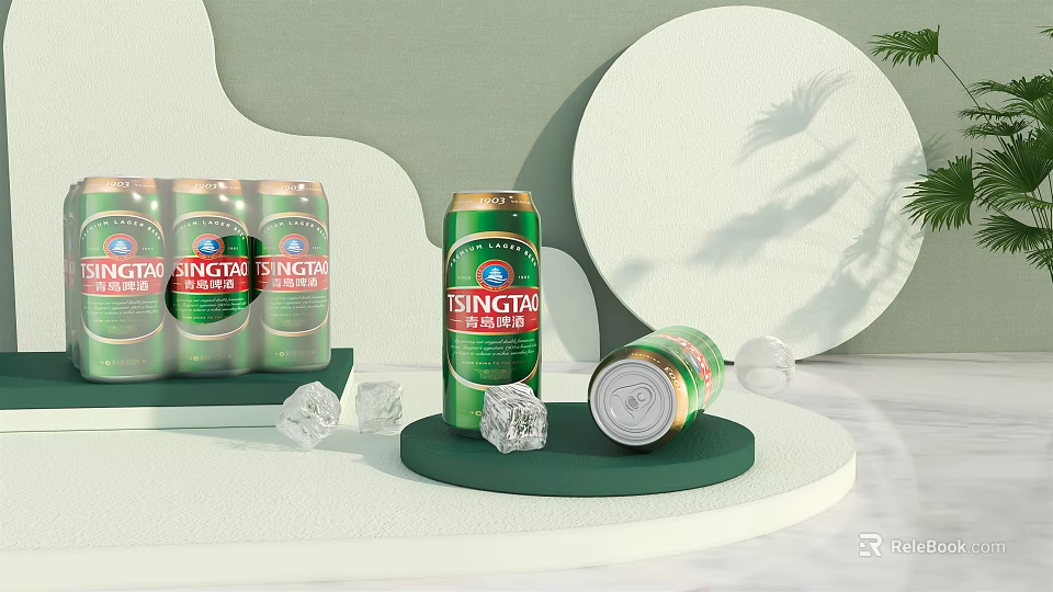 Tsingtao Beer Cans Display With Ice Cubes On Green Background And Round Decor 3d model 