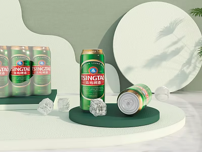 Tsingtao Beer Cans Display With Ice Cubes On Green Background And Round Decor 3d model