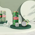 Tsingtao Beer Cans Display With Ice Cubes On Green Background And Round Decor