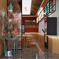Cozy Restaurant Interior With Orange Wall Wooden Tables Chairs Hanging Lights And Billboard