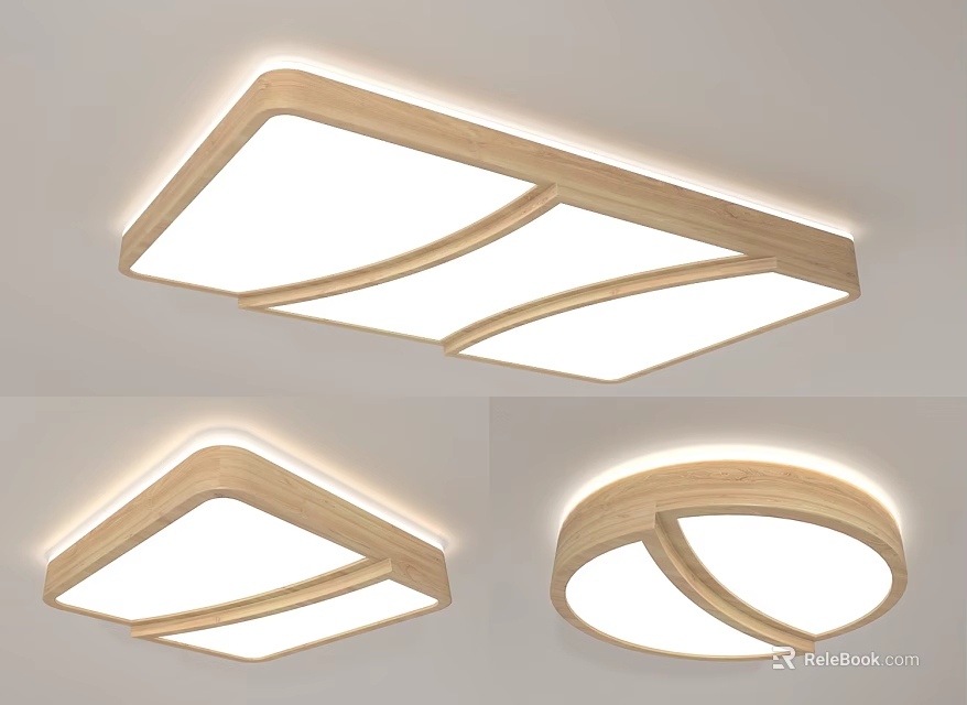 Modern Ceiling Lights With Wooden Frame Square And Round Shapes White Lighting 3d model 