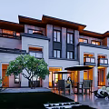 Modern Traditional Townhouse Exterior Design With Balconies Windows Greenery And Parked Car
