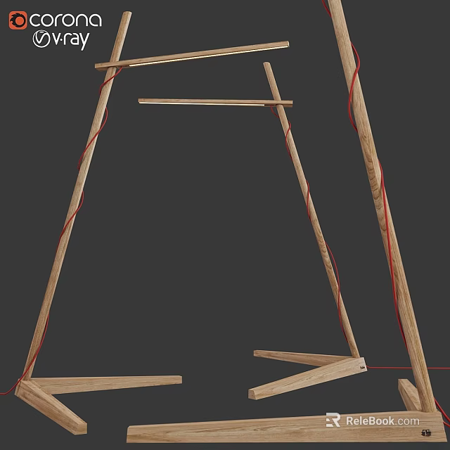 Modern Wooden Floor Lamp With Crossed Frames And Red Wires Design 3d model 