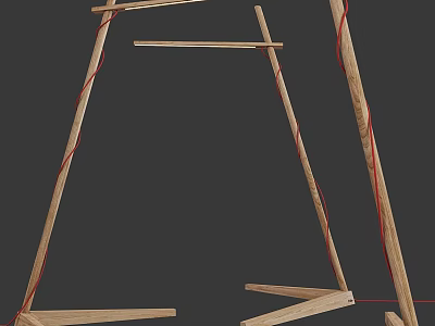 Modern Wooden Floor Lamp With Crossed Frames And Red Wires Design 3d model