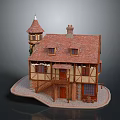 Miniature House Model Featuring Tower Red Roof Yellow Brown Walls Balcony Windows And Stone Base