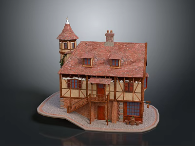 Miniature House Model Featuring Tower Red Roof Yellow Brown Walls Balcony Windows And Stone Base 3d model