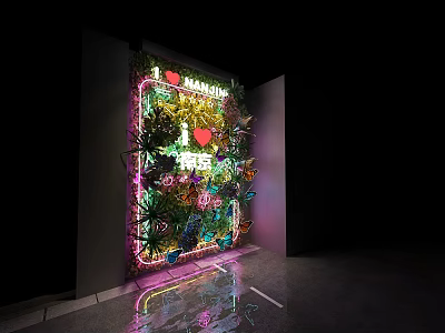 Decorative Wall Art With Neon Lights Green Plants And Heart Shaped Patterns 3d model
