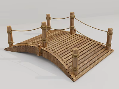 Detailed Wooden Bridge with Arched Planks Rope Railings and Support Posts 3d model