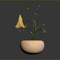 Plant With Green Spiral Stem And Yellow Bell Shaped Flower In Pink Pot With Soil