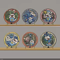 Colorful Cartoon Character Plates Displayed On Wooden Shelves With Various Designs