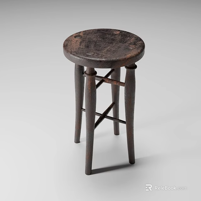 Vintage Wooden Bar Stool With Round Seat And Cross Support Legs Design 3d model 