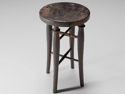 Vintage Wooden Bar Stool With Round Seat And Cross Support Legs Design 3d model