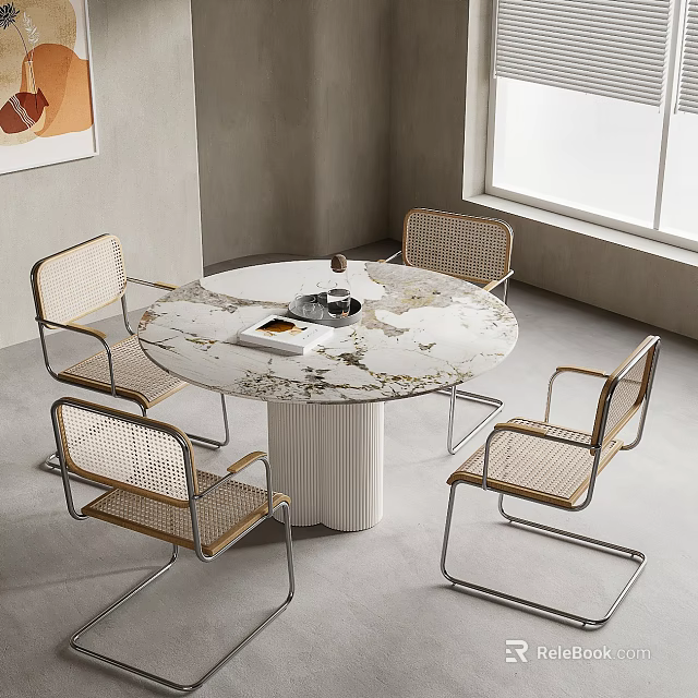 Modern Round Marble Dining Table Set With Wicker Chairs And Metal Frames In Interior Room 3d model