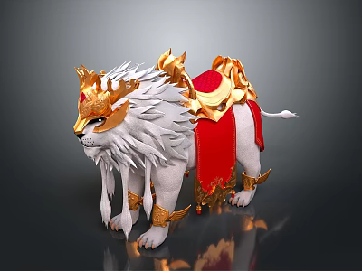 Detailed White Mythical Lion With Golden Armor And Red Decorative Cape 3d model