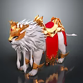 Detailed White Mythical Lion With Golden Armor And Red Decorative Cape
